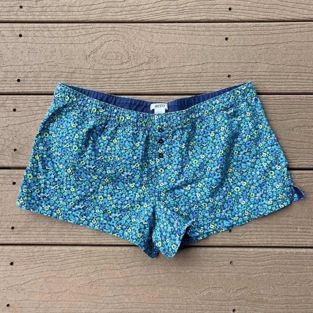 Y2K Aeropostale Blue Floral Cotton Pajama Shorts‎ Size Medium Mini Preppy